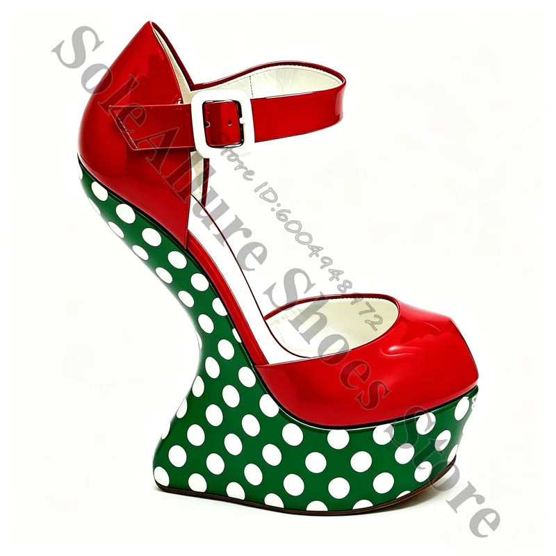 Glossy Polka Dot Buckle Strap Wedge Platform Sandals For Women