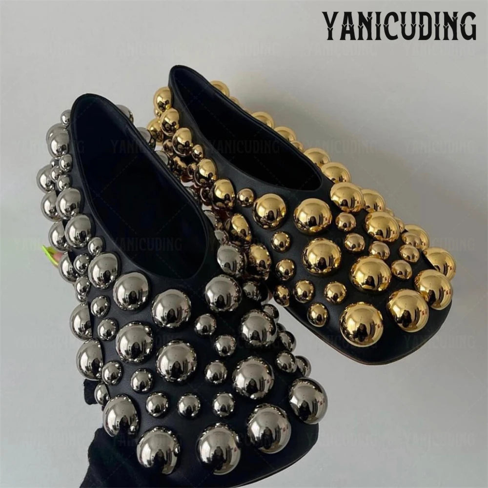 Metallic Stud Embellished Square Toe Ballet Flats for Women