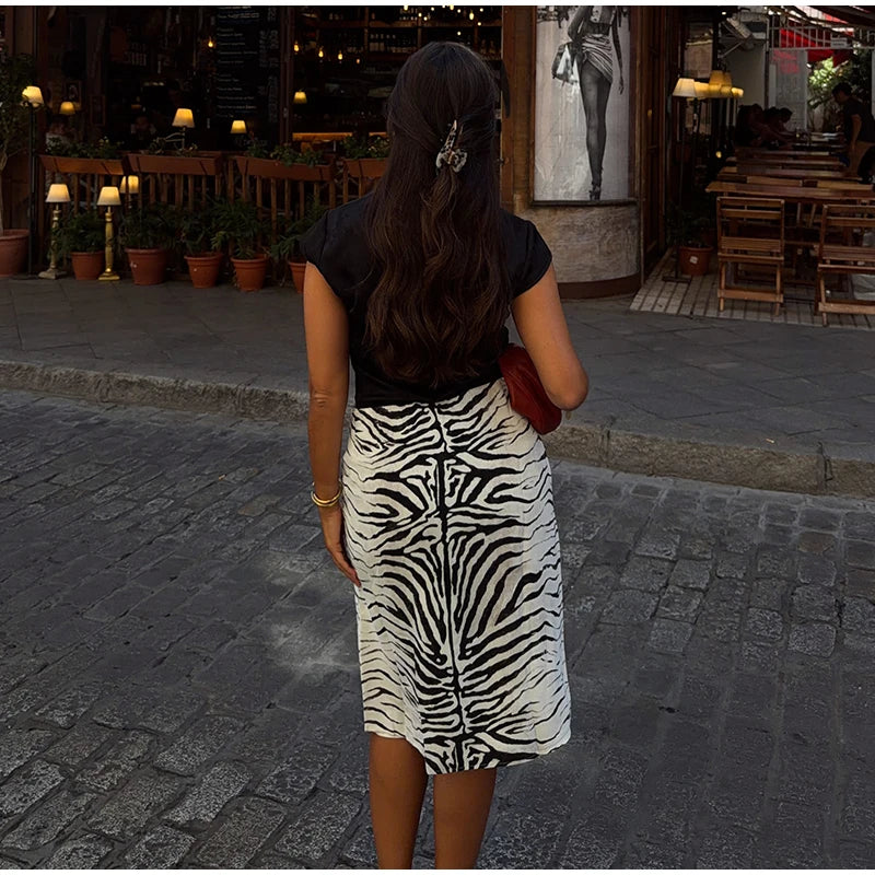 High Waist Leopard Print Zipper Midi Skirt for Women