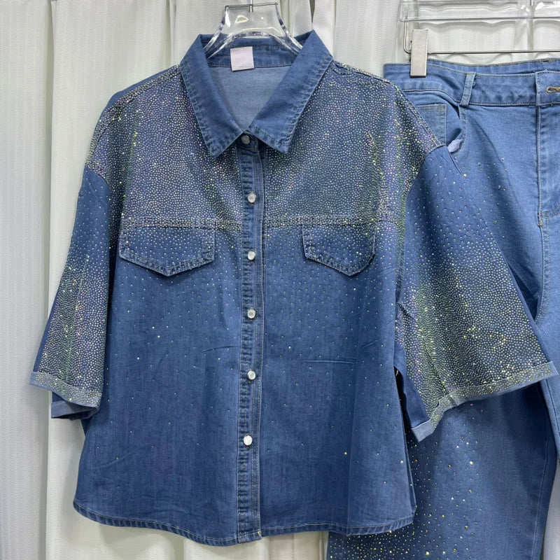 ANJY Autumn New Women's 2 Pieces Set Fashion Full Diamonds Short Sleeve Denim Shirt Elegant Fresh Straight Chic Ins Jeans A15818