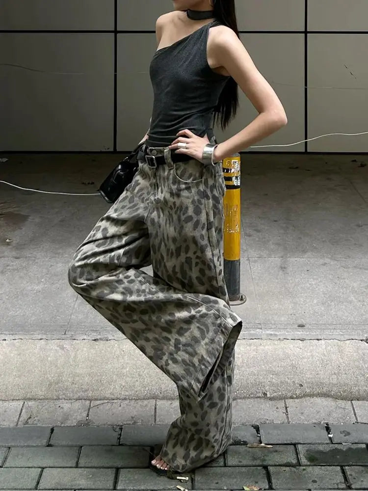 American Vintage Washed Leopard Print Wide Leg Jeans Women Stylish High Street Baggy Jeans Hip Hop Hot Girls Y2k Trousers
