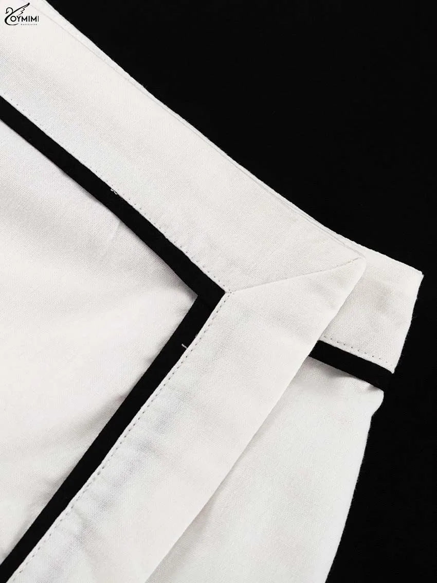 Oymimi Fashion White Cotton Two Piece Outfits Woman Elegant O-Neck Patchwork Short Sleeve Open Back Tops And Straight Skirts Set