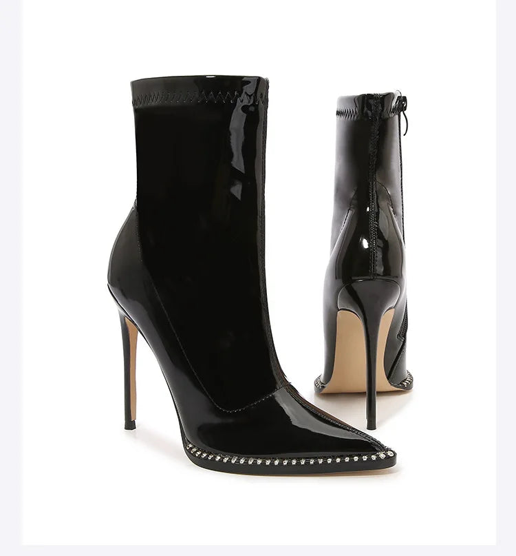 Elegant Rhinestone Bordered Side Zipper High Heel Ankle Boots for Women