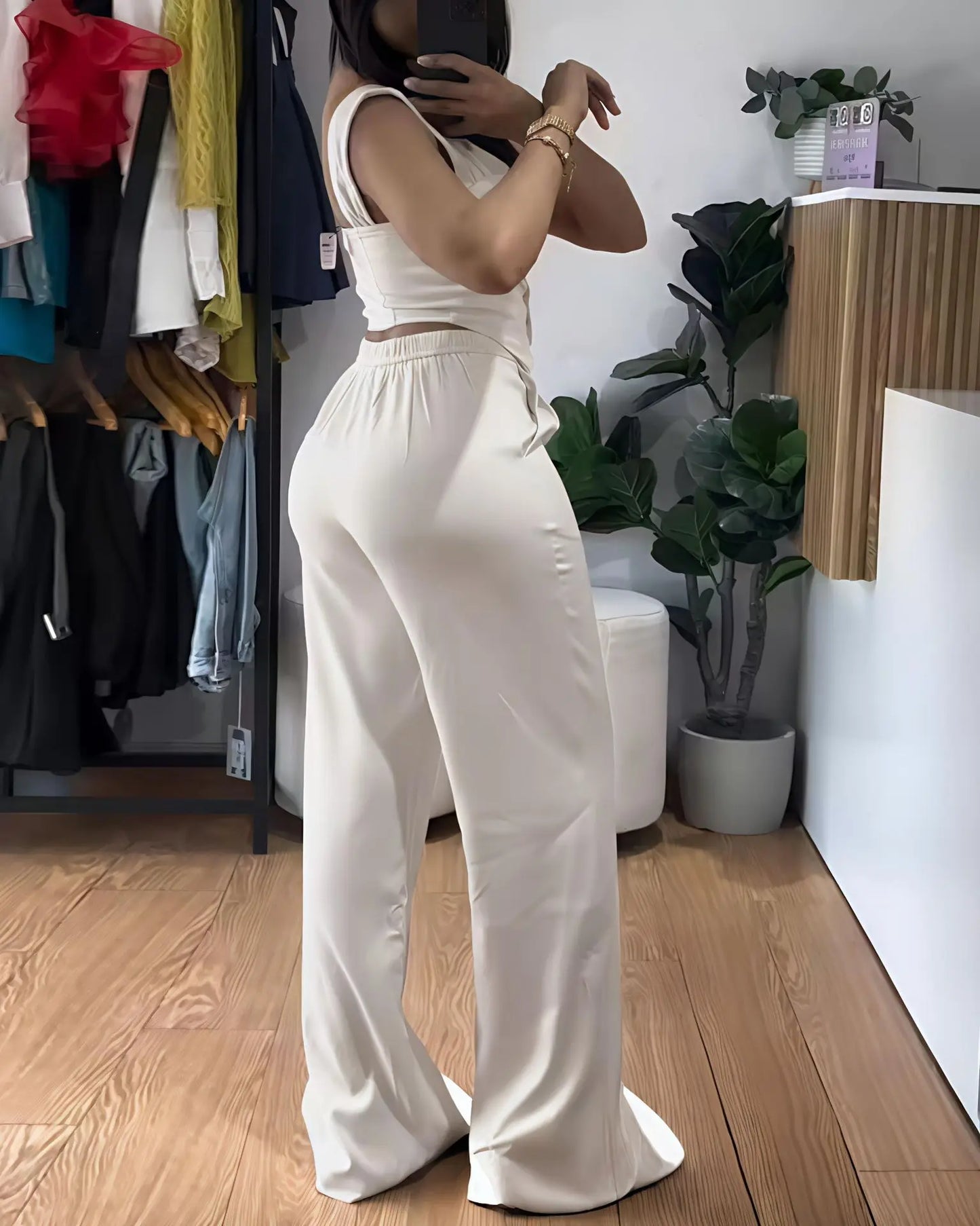 Elegant Solid Color Strapless Suspender Vest Trousers Two-Piece Set for Women