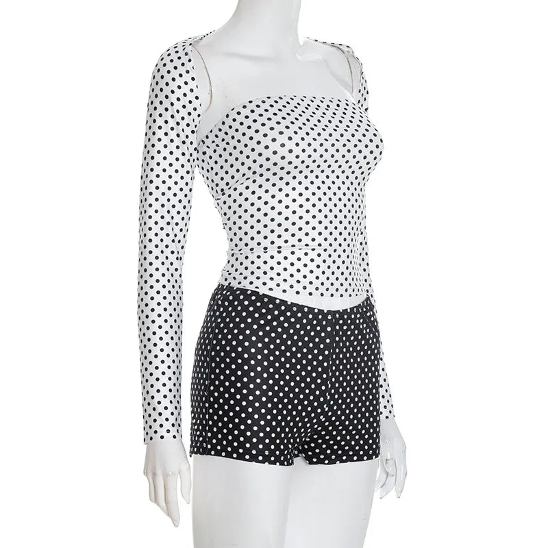 Retro Polka Dot Two Piece Crop Top and Shorts Set for Women