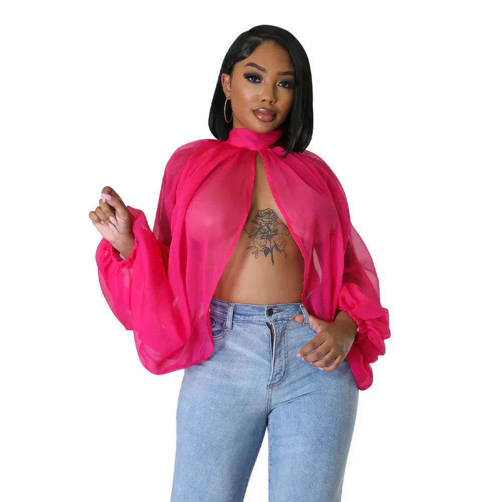 Sheer Lantern Sleeve Blouse with Tie Back for Women