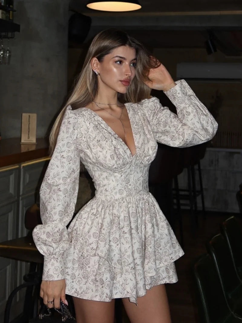 Elegant Printed Long Sleeve V Neck Mini Dress for Women