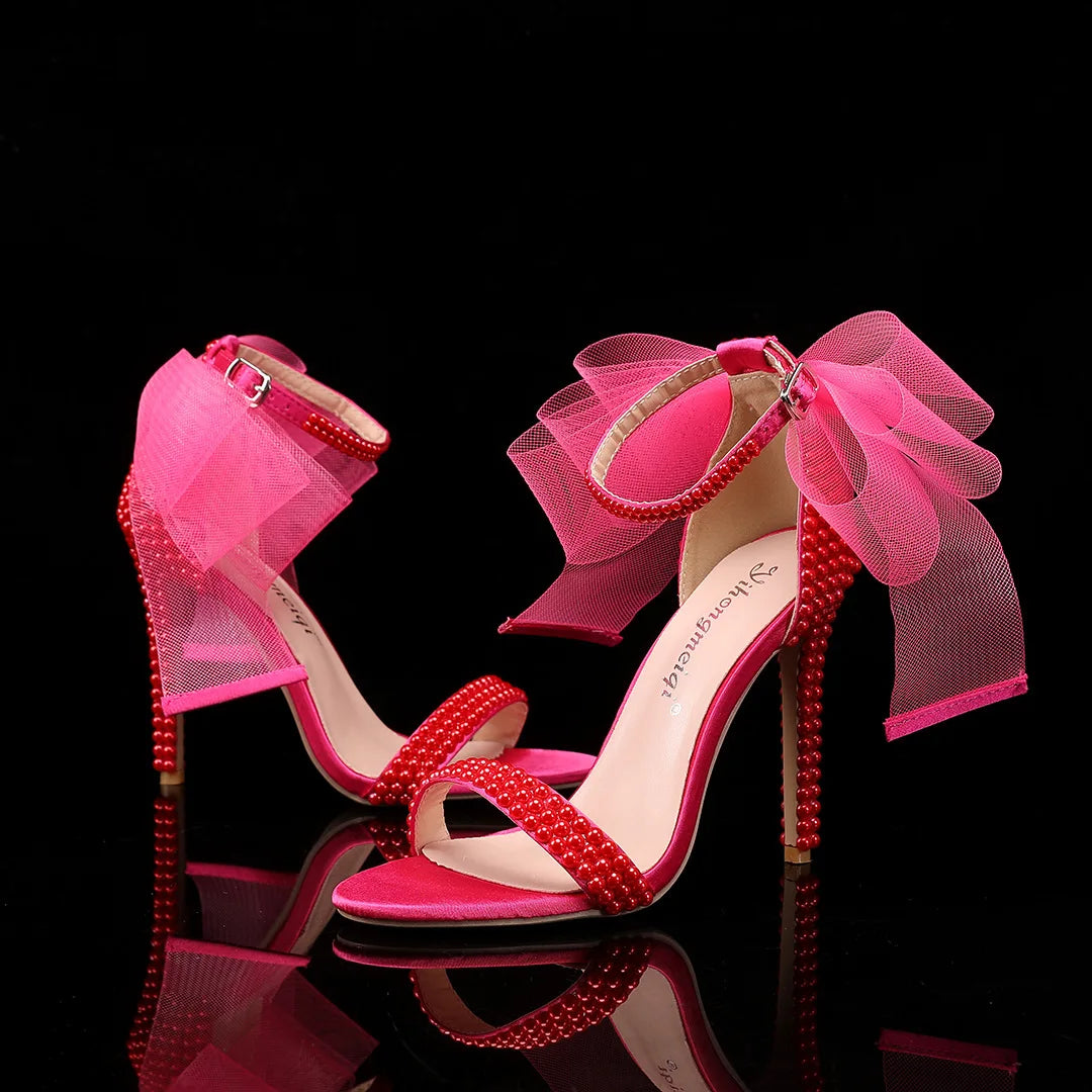 Elegant Pearl Beaded Mesh Bowknot Sandals for Women
