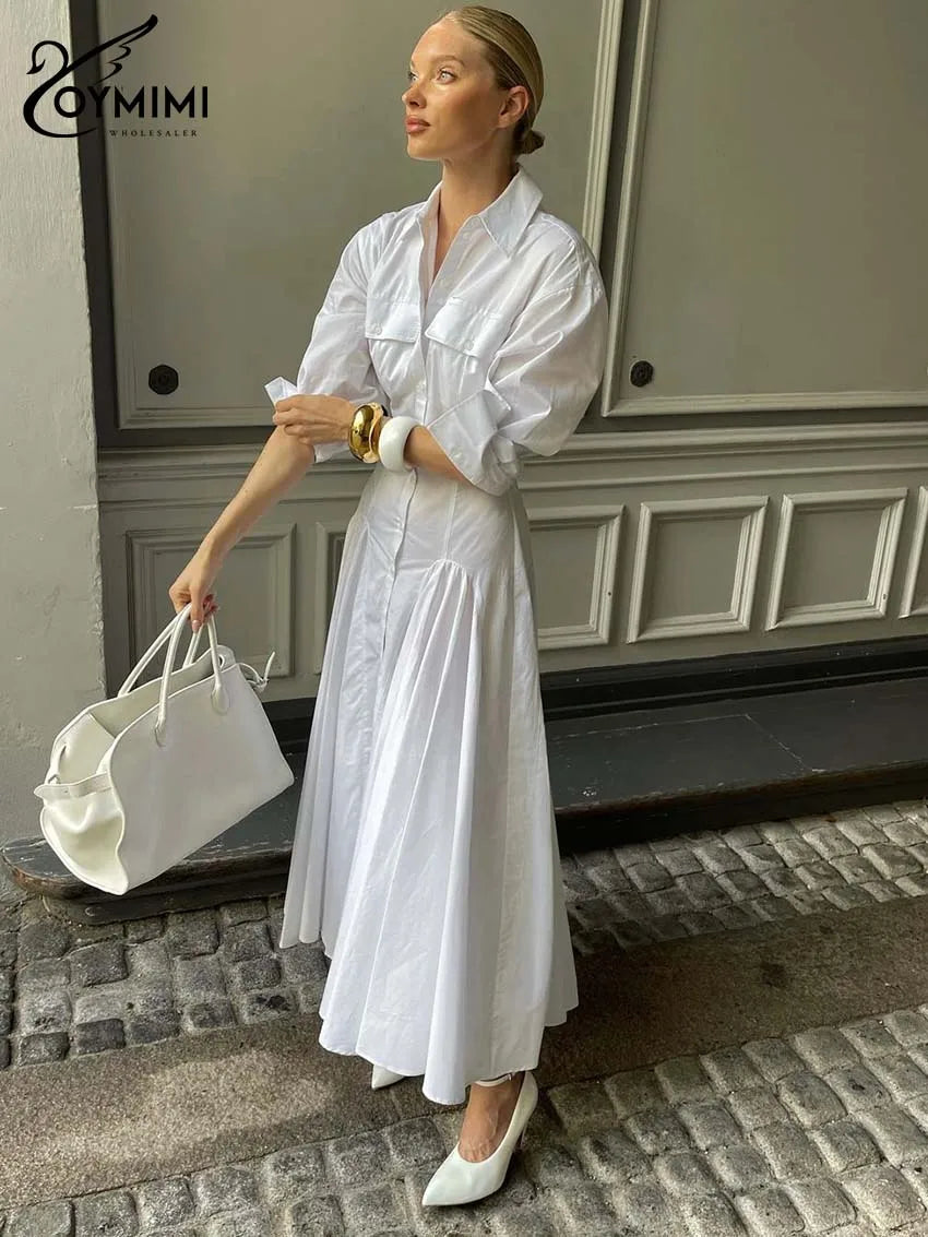 Oymimi Elegant White Lapel Women's Dress Fashion Three Quarter Sleeve Pockets Dresses Casual Button Pleated Ankle-Length Dresses