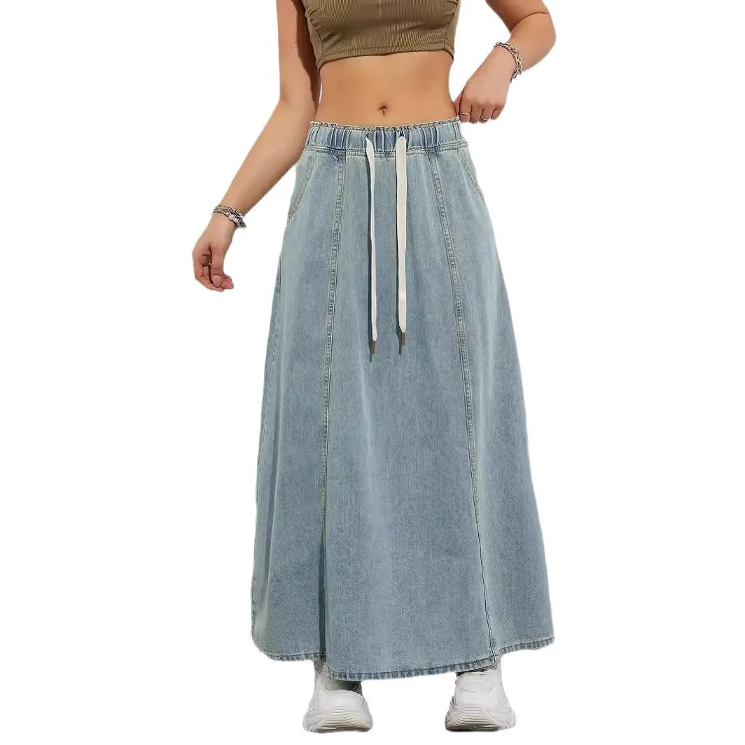 Elastic Waist Lace Up Loose Casual Denim Maxi Skirt for Women