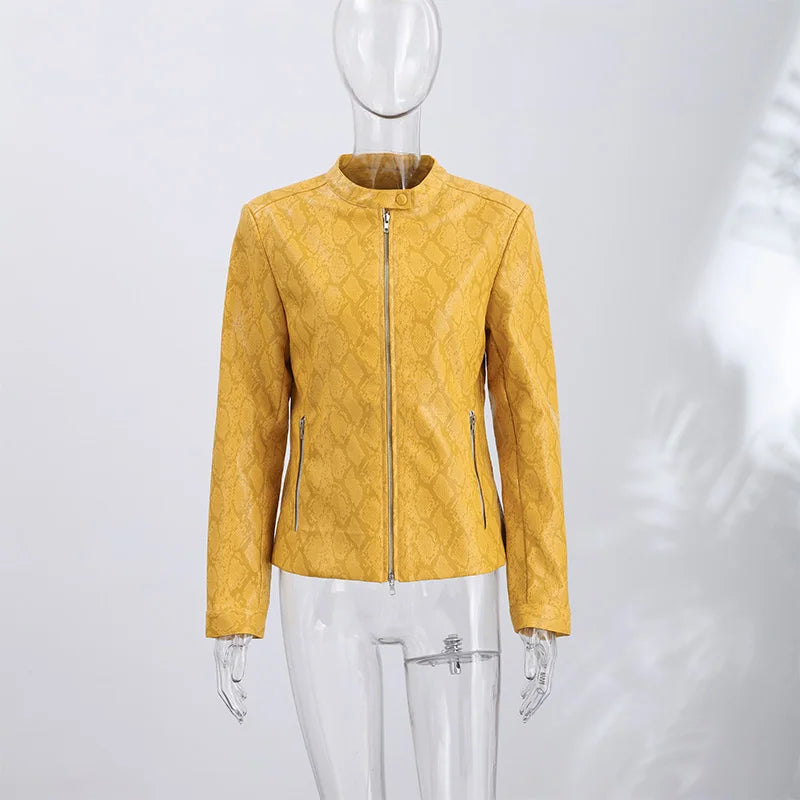 Retro Snake Print Faux Leather Cropped Jacket for Women