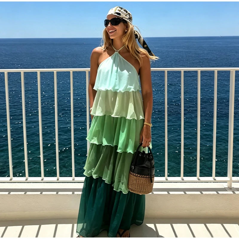 Flowy Gradient Halter Off Shoulder Ruffle Maxi Dress for Women