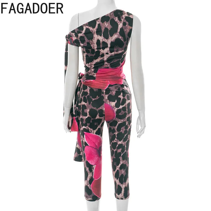 FAGADOER Sexy Leopard Floral Print Two Piece Outfits Woman Skew Collar Bandage Tank Tops + Skinny Pants Matching Streetwear New