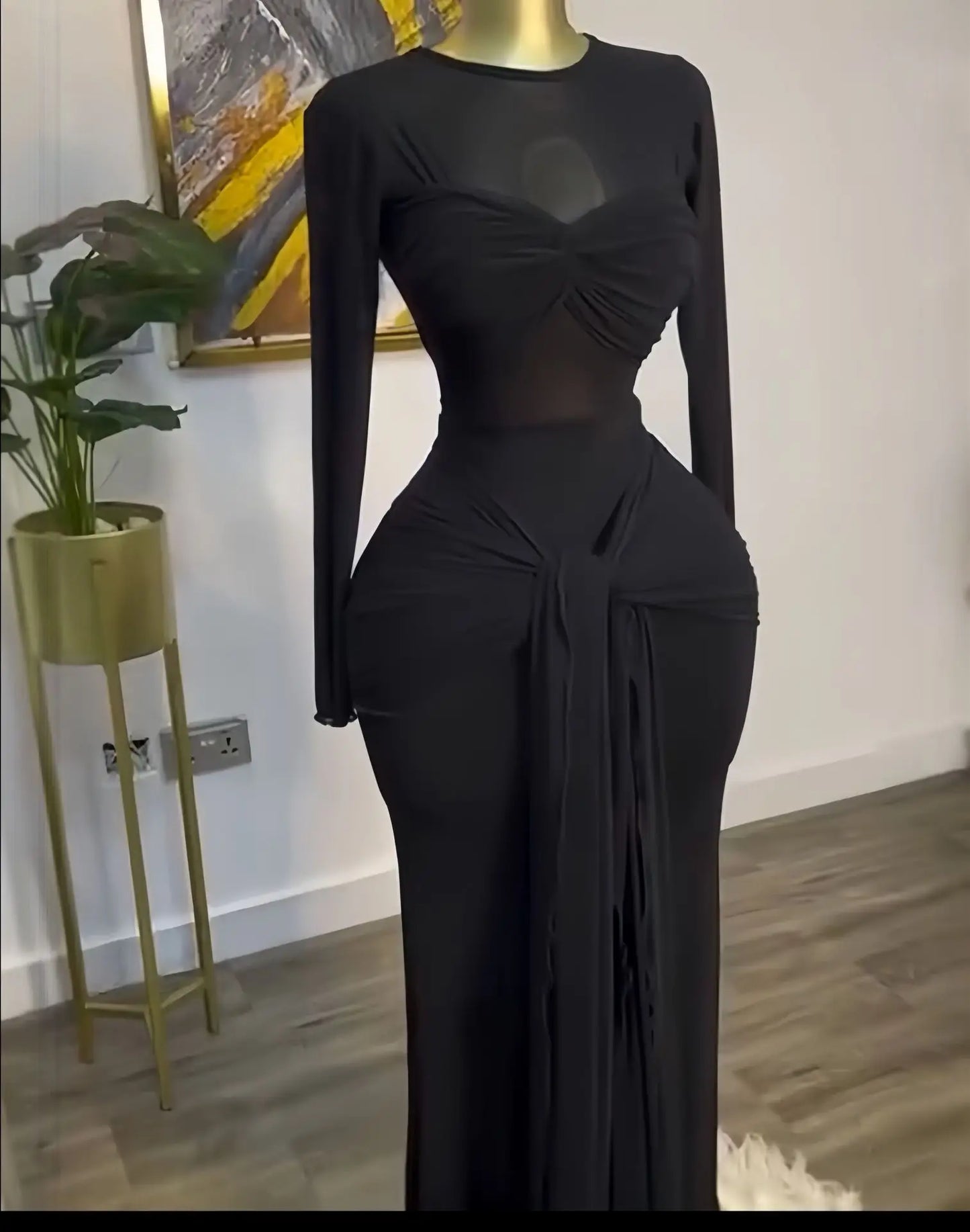 Elegant Hollow Out Mesh Long Sleeve Maxi Dress for Women