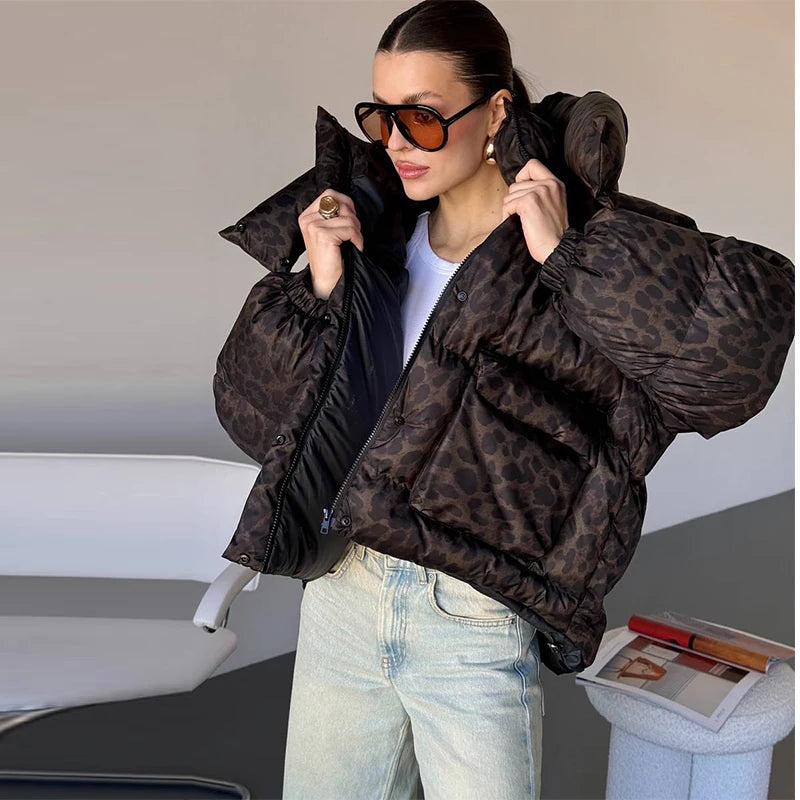 Casual Leopard Print Hooded Puffer Jacket For Women