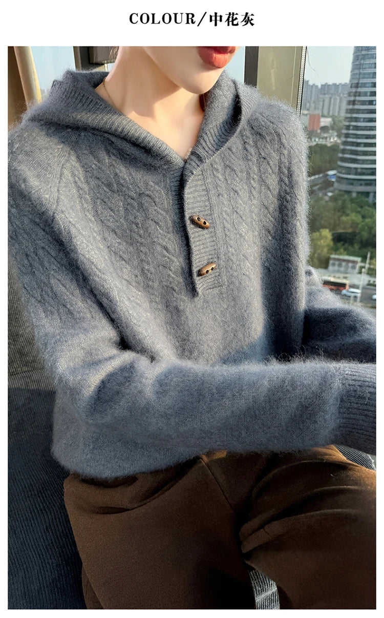 Chunky Knit Loose Hooded Pullover Sweater for Women
