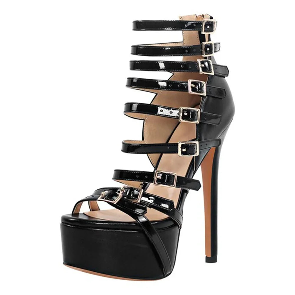 Black Patent Strappy Stiletto Sandals