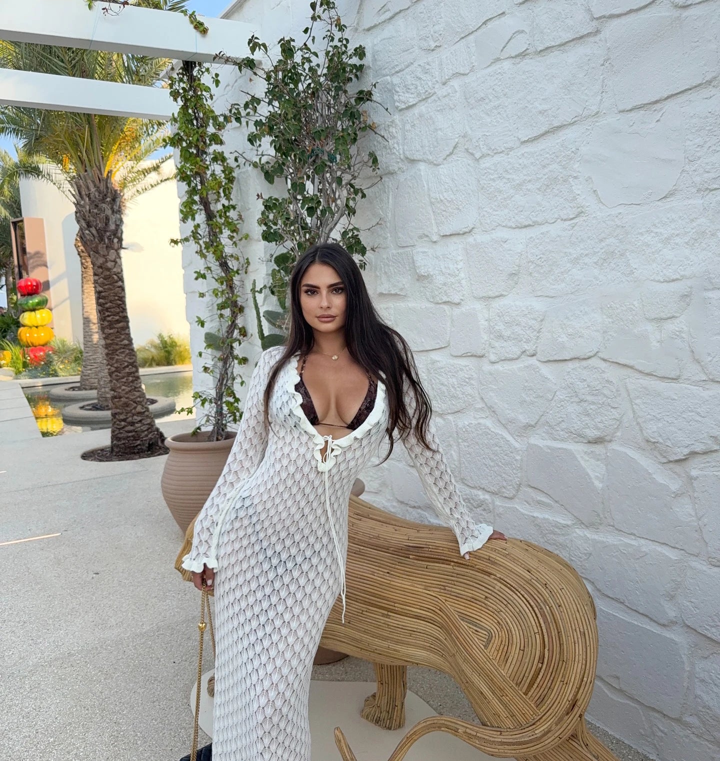 Sexy Frill Big V Neck Hollow Out Long Sleeve Maxi Dress Summer 2025 Feminine Swimwear Bikini Cover Up Women Holiday Outfits K221
