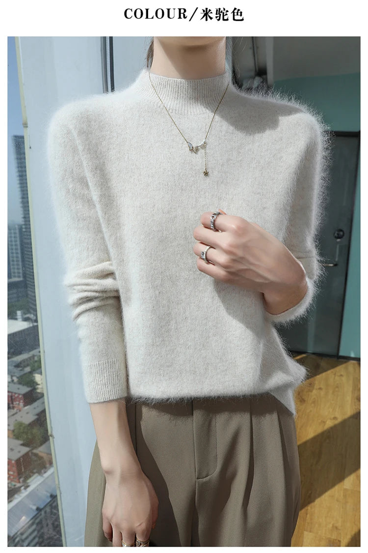 Loose Cashmere Knit Half High Neck Pullover Sweater for Women