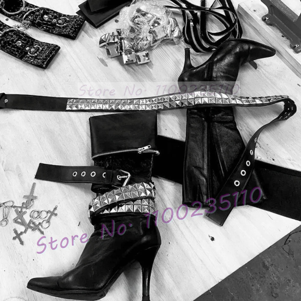 Black Pointed Toe Thin Heel Knee High Boots For Women