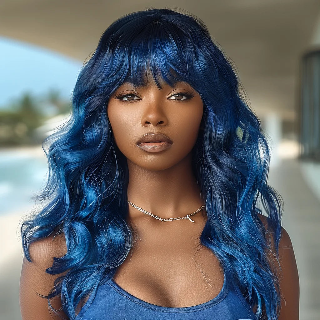 Long Purple Body Wave Human Hair Wig With Bangs for Women