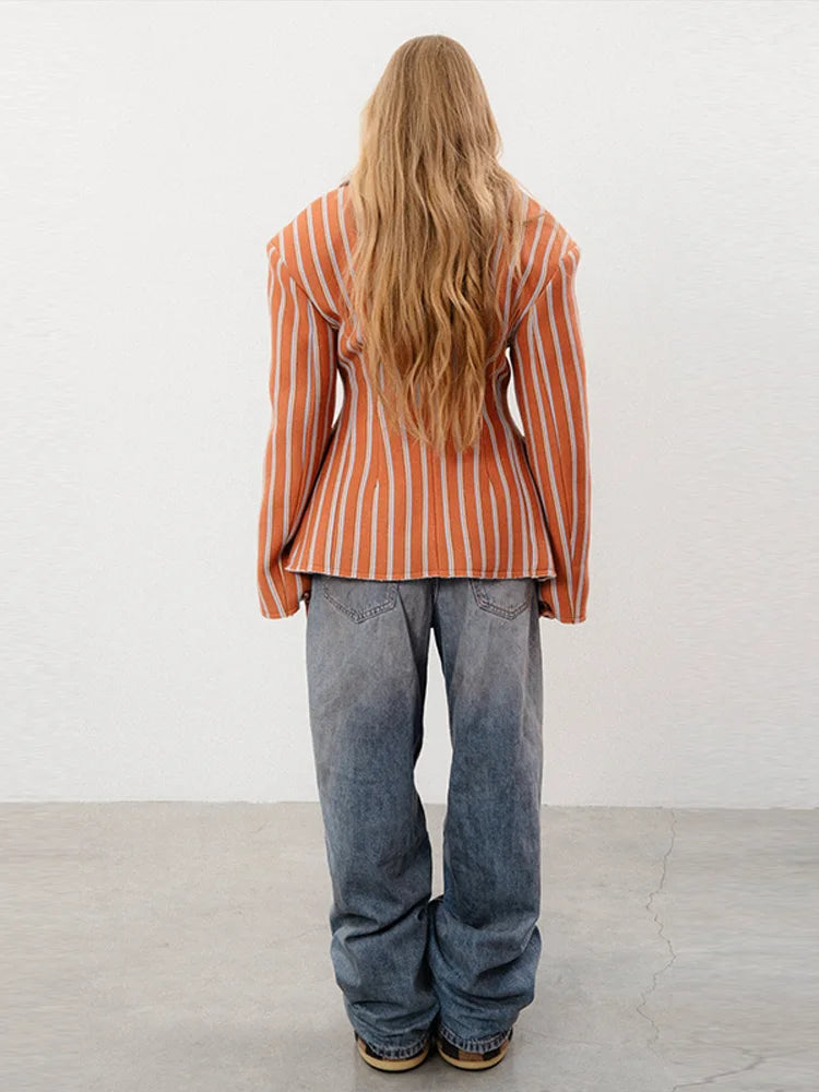 Striped Double-Breasted Blazer With Lapel for Women