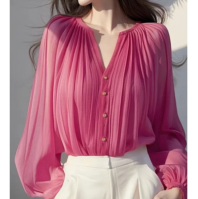 Charming Rose Red Chiffon Button Front Blouse For Women