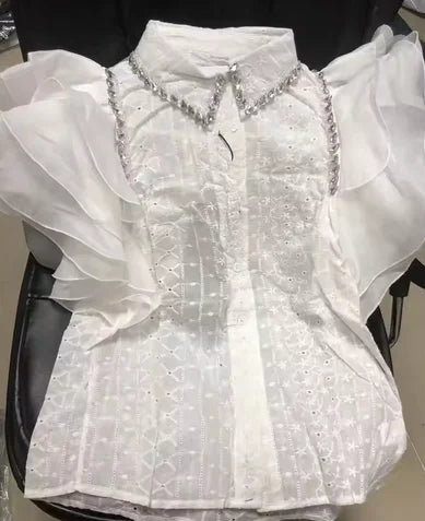 Diamond Stitch Jacquard Cotton Blouse With Ruffles for Women