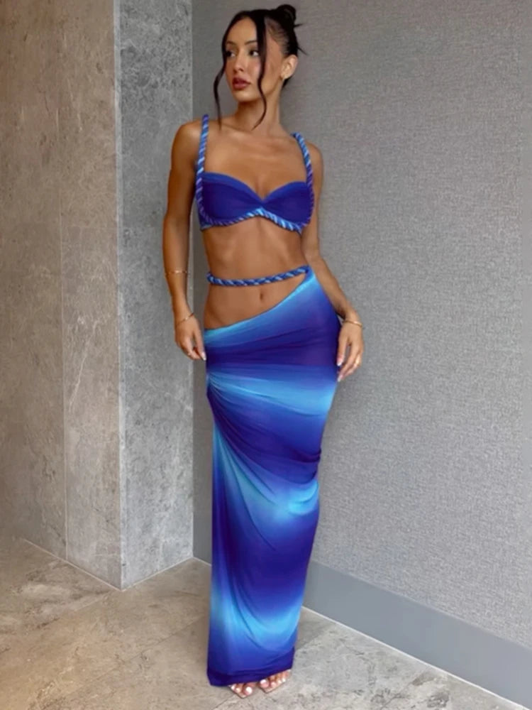 Woven Pleated Crop Top and Maxi Skirt Two Piece Set for Women