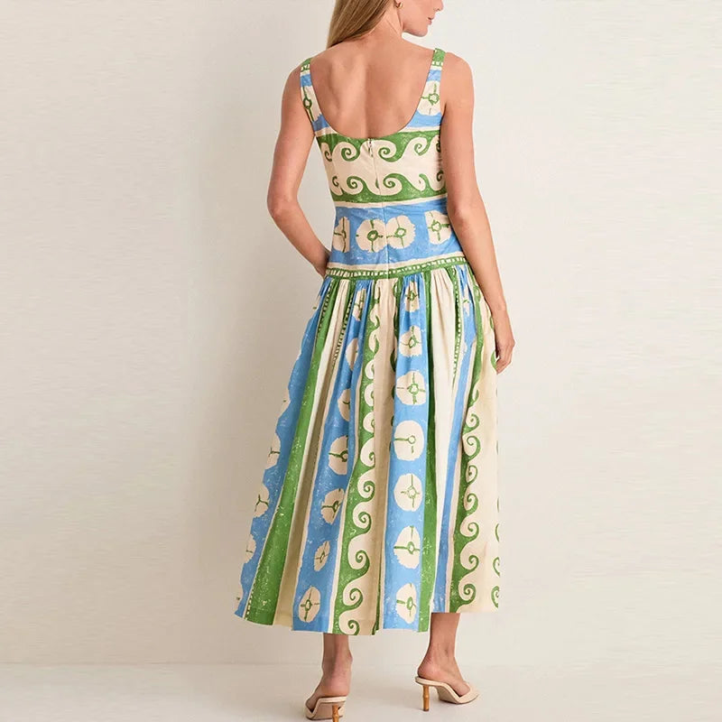 Printed Sleeveless Backless V Neck Midi Dress for Women