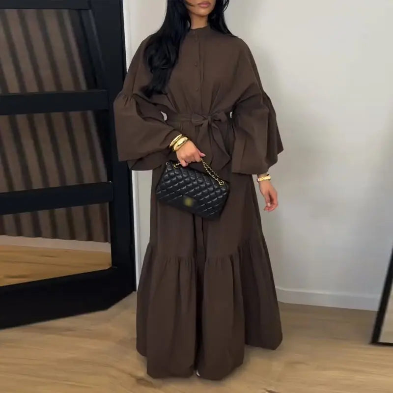 Casual Belted Long Lantern Sleeve Button Dress for Women