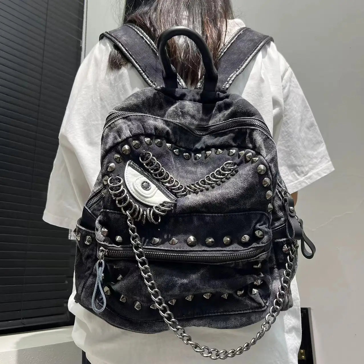 Steampunk Denim Backpack with Chain Details for Women