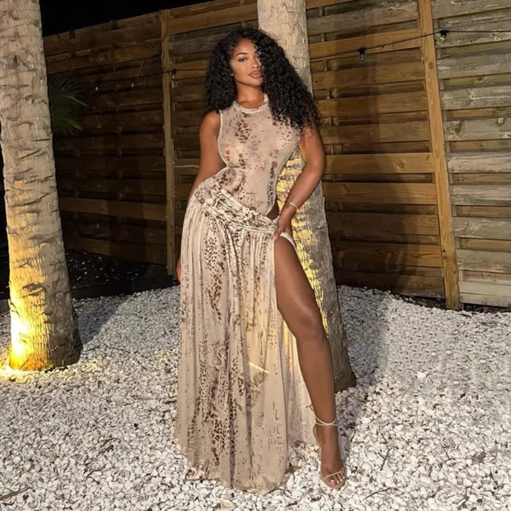 Leopard Print Bodysuit And Split Skirt Set for Women