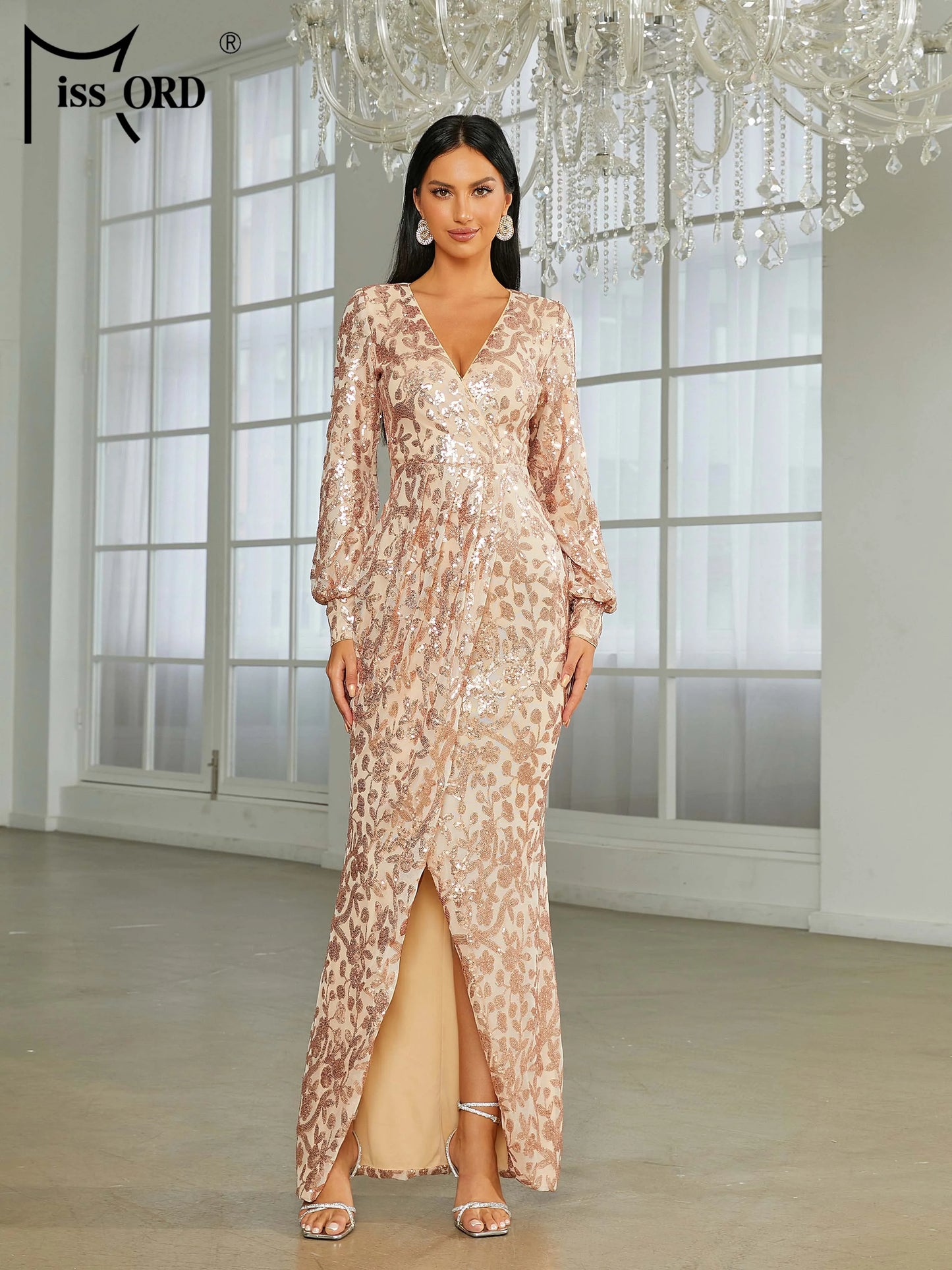 Missord White Long Evening Dresses Women Sexy Deep V Neck Lantern Sleeve Thigh Split Maxi Party Prom Dress Elegant Bodycon Gown