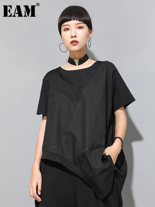 [EAM] Women Black Irregular Hem Spliced Big Size T-shirt New Round Neck Short Sleeve Fashion Tide Spring Summer 2025 1DJ1765
