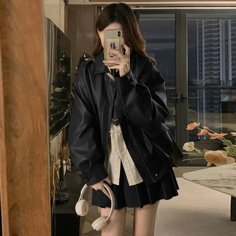 Short American Retro PU Leather Baseball Jacket for Women