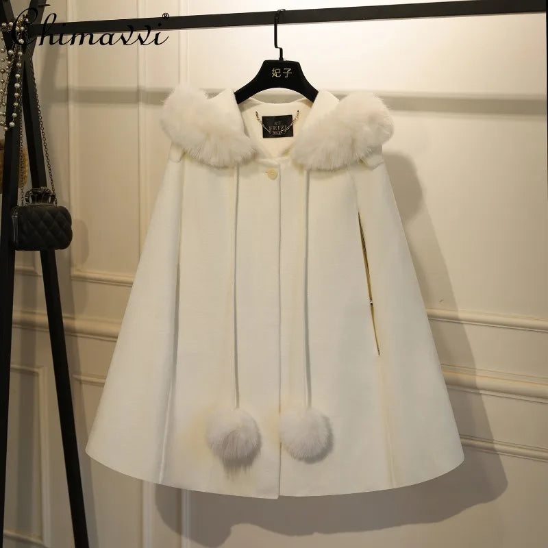 Heavy Elegant Cape Wool Coat for Women 2025 Autumn Winter New Korean Fashion Slimming Shawl Women's Woolen Coat