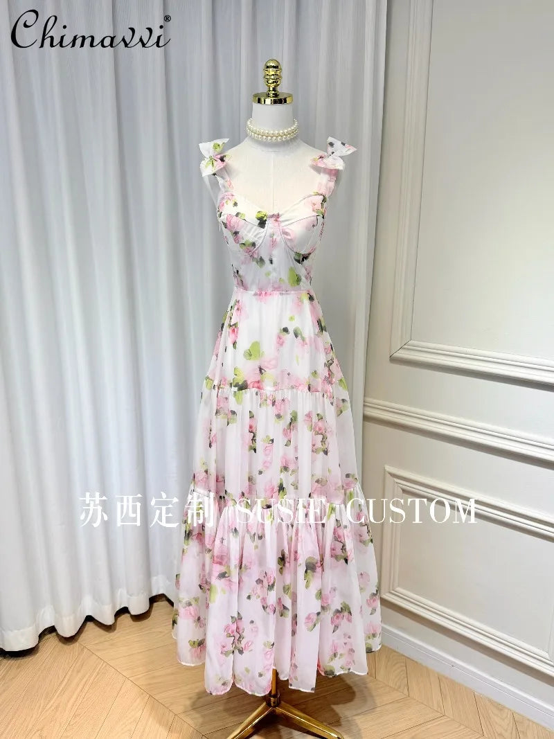 High-end Fashion Design French Fairy Print Padded Bowknot Cami Dress New 2026 Women's Elegant Cinched Waist Maxi Dress Vacation