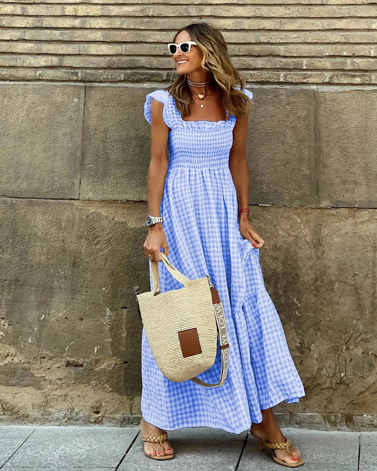 Flowy Plaid Backless Maxi Dress with Elastic Waist for Women
