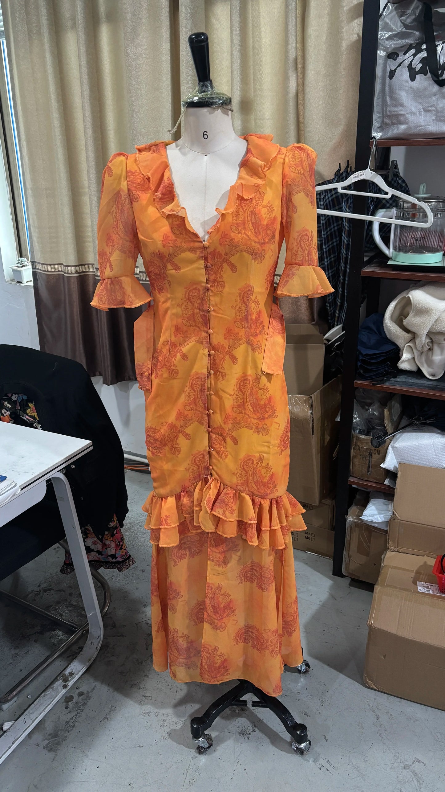 Elegant Print Pleated Puff Sleeve V Neck Long Dress for Women