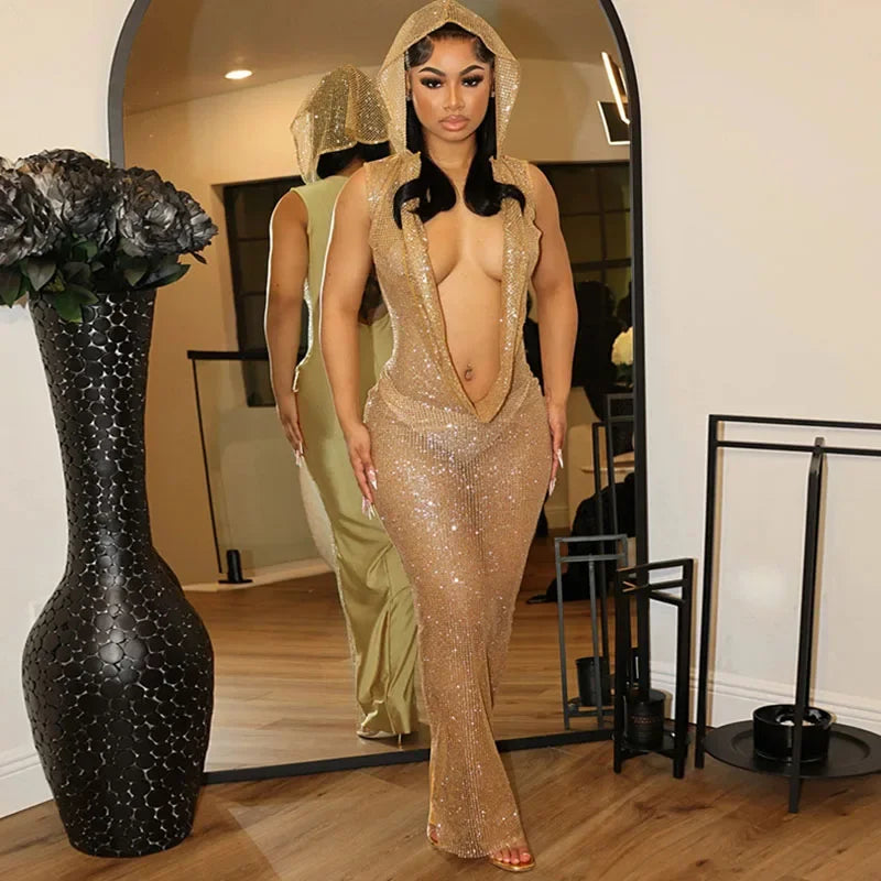 Sequined Mesh Sleeveless Deep V Neck Hooded Maxi Dress for Women
