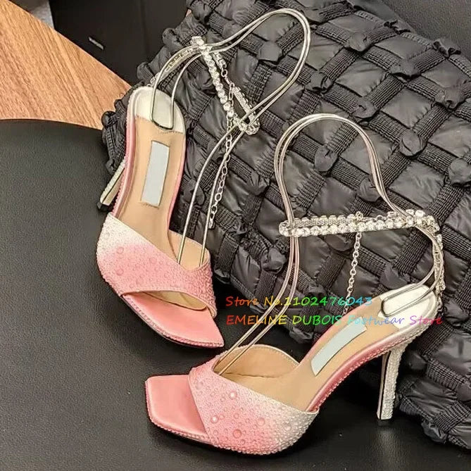 Rhinestone Chain Square Toe High Heel Sandals Women Sexy New Peep Toe Stiletto Heel Crystal Designer Brand Ladies Dress Shoes