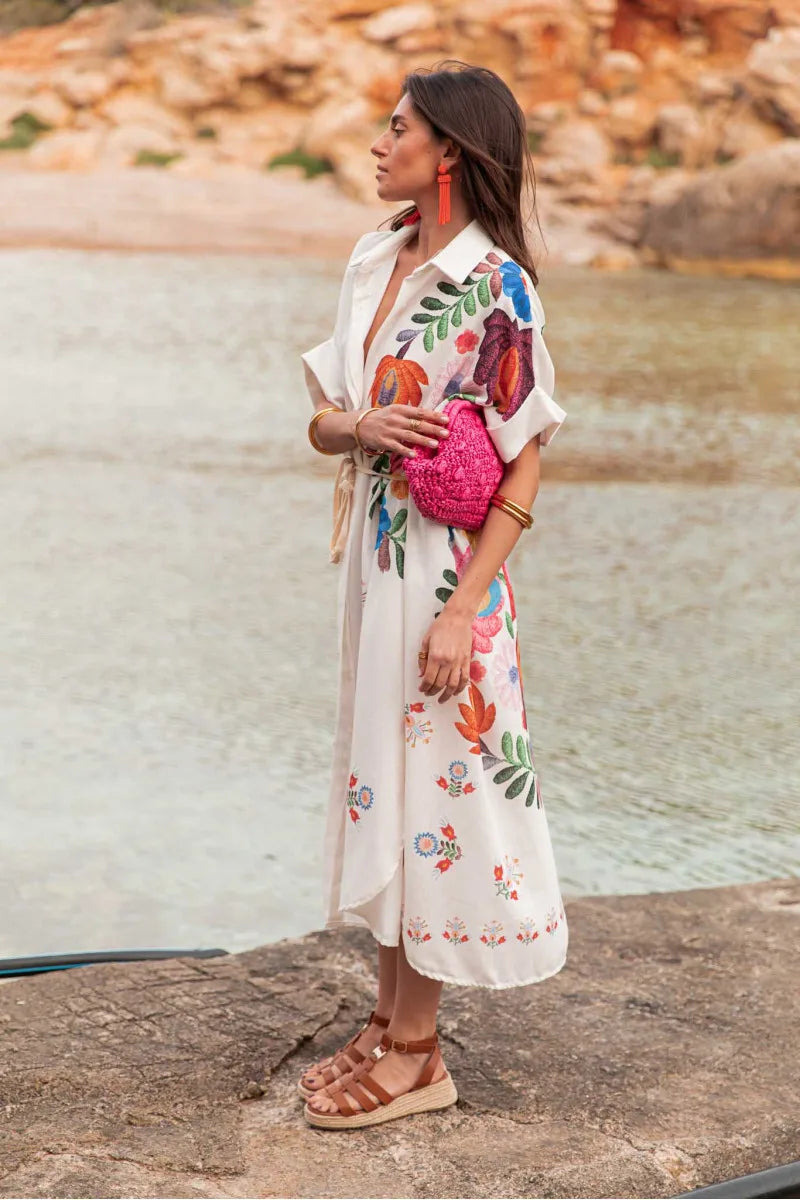 Bohemian Printed Lace-Up Loose-Fit Midi Dress for Women