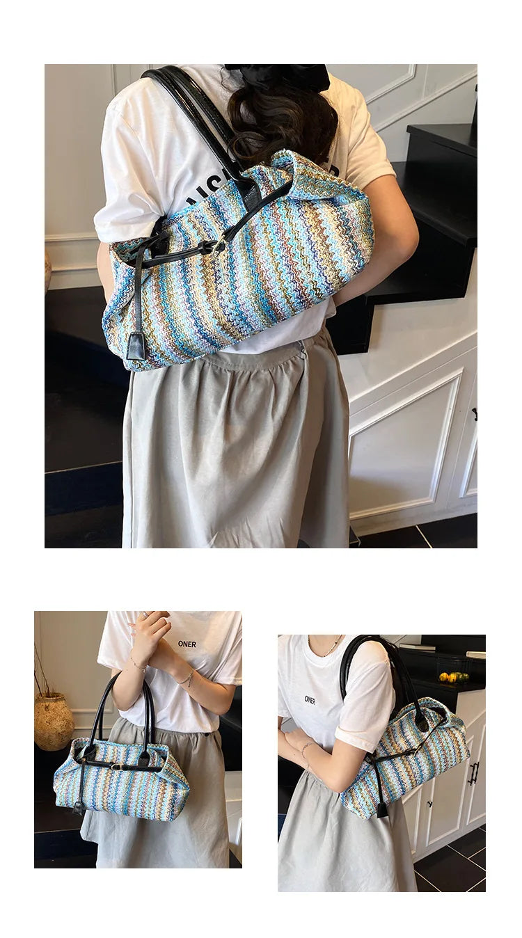 Large capacity rainbow woven tote bag, women's new versatile commuting beach bag, shoulder bag