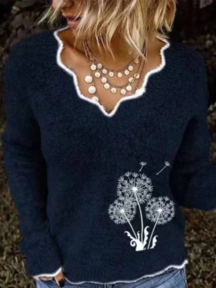 2024 Fall and Winter New Women's Printed Pattern V-neck Sweater Long Sleeve Casual Acrylic Pullover Sweater