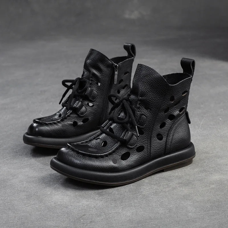 Breathable Hollow-Out Genuine Leather Ankle Boots for Women