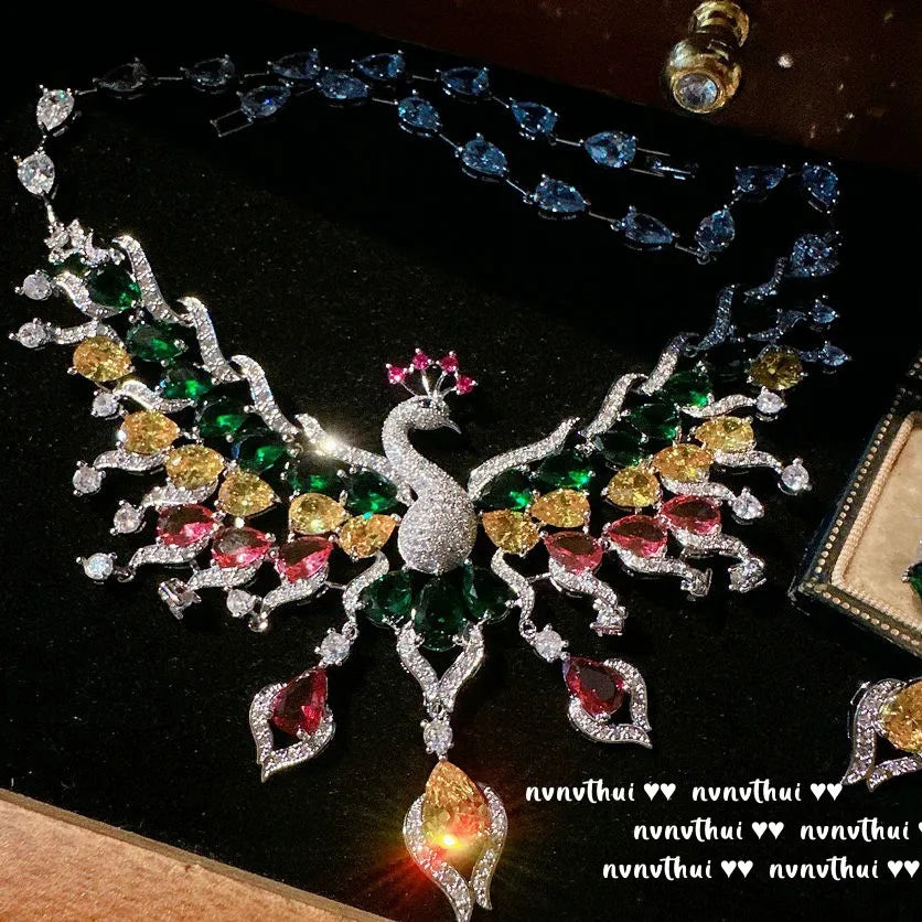 Sparkling Peacock Zircon Necklace and Earring Set for Women