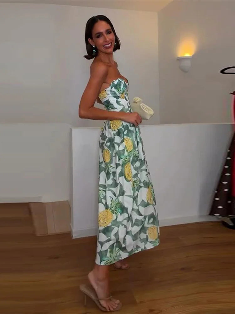 Printed Strapless Long Backless Dress With Pockets For Women