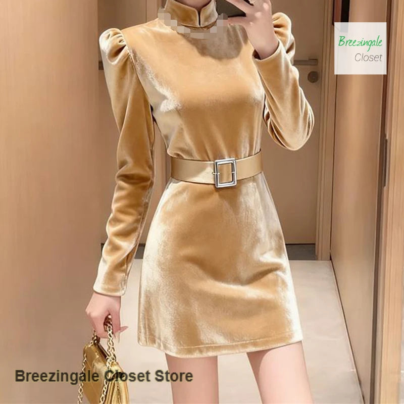 Yellow Velvet Mini Dress With Long Sleeves For Women