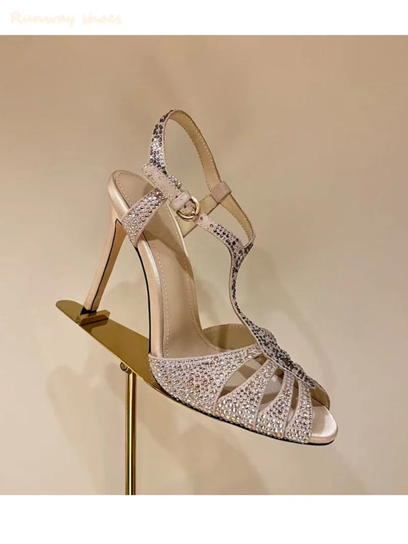 Luxury Rhinestone Buckle Open Toe Stiletto Sandals For Women